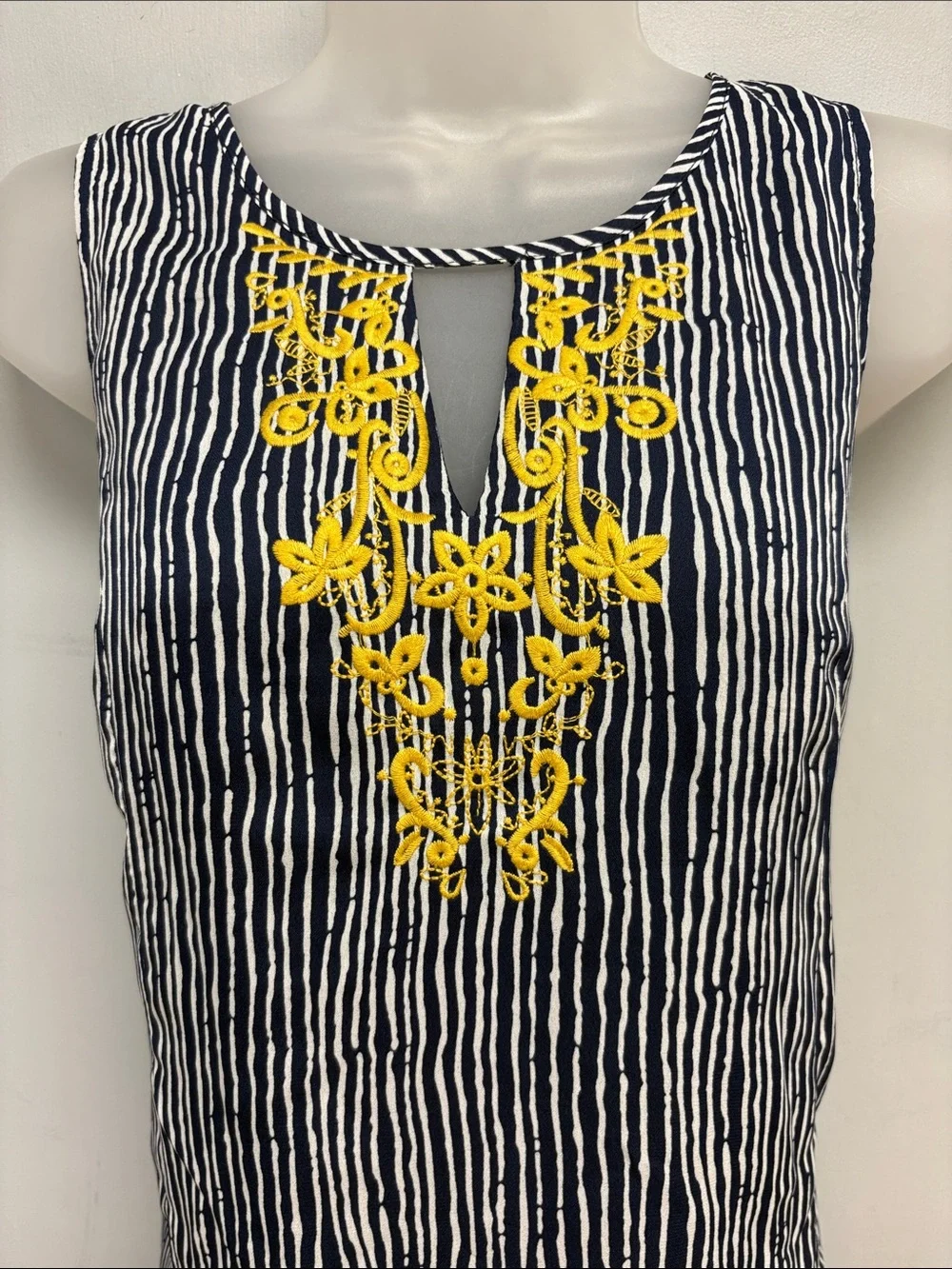 THML Embroidered Striped Shift Dress Navy & White with Mustard Embroidery Medium - Picture 2 of 12